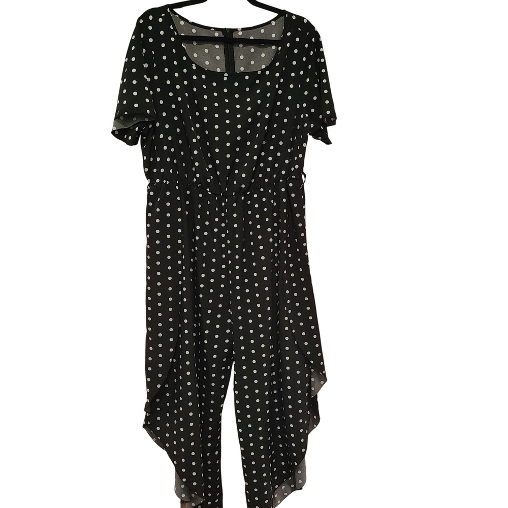 Black White Polka Dot Handkerchief Hem Jumpsuit Short Sleeve Wide Leg Retro XL
